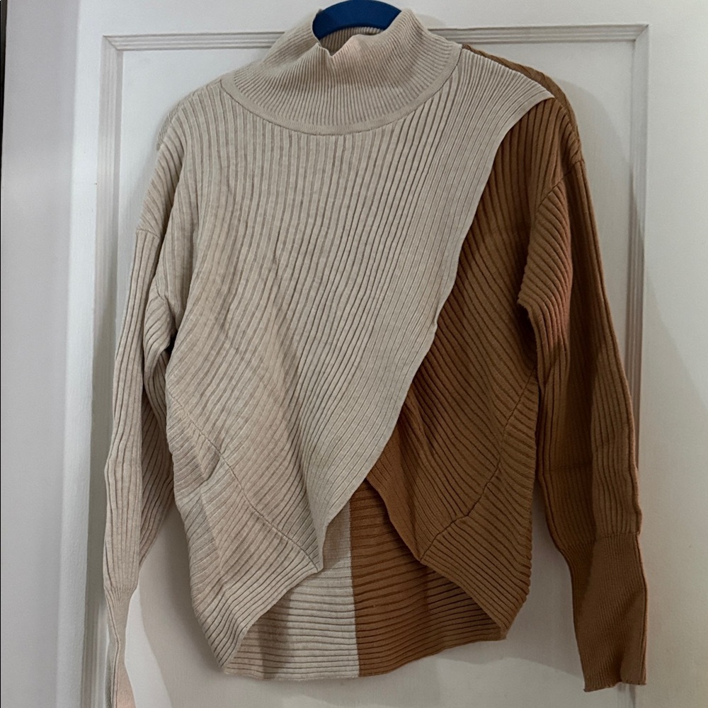 Express Cowl Neck Sweater - Cream and Tan